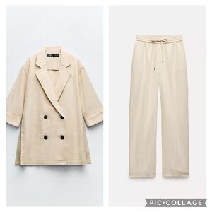 Zara Women's Cream Double-Breasted linen blazer